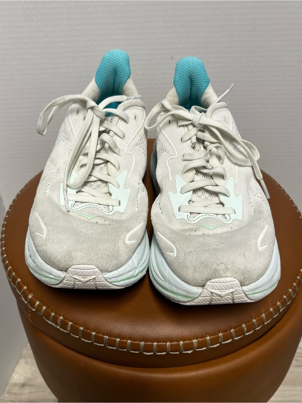 Hoka Women's Clifton 10 Sneakers in Light Gray with Aqua Accents